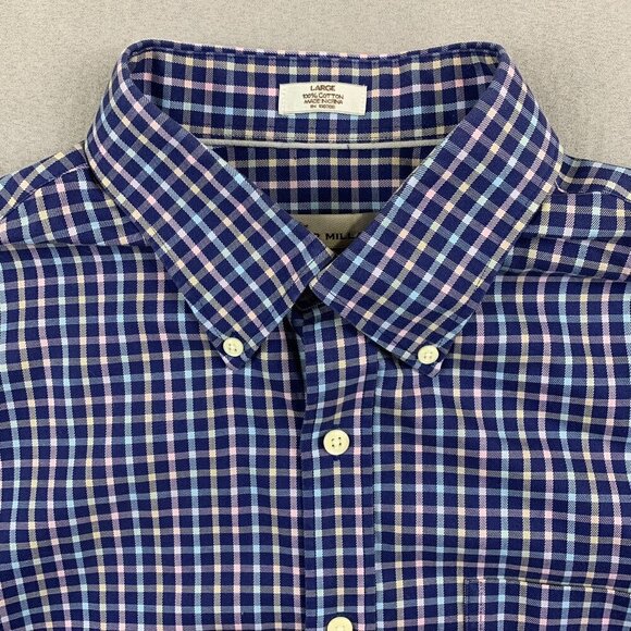 Peter Millar Mens Shirt Large Blue Check Button Up Long Sleeve Nanoluxe Pink - Picture 2 of 8